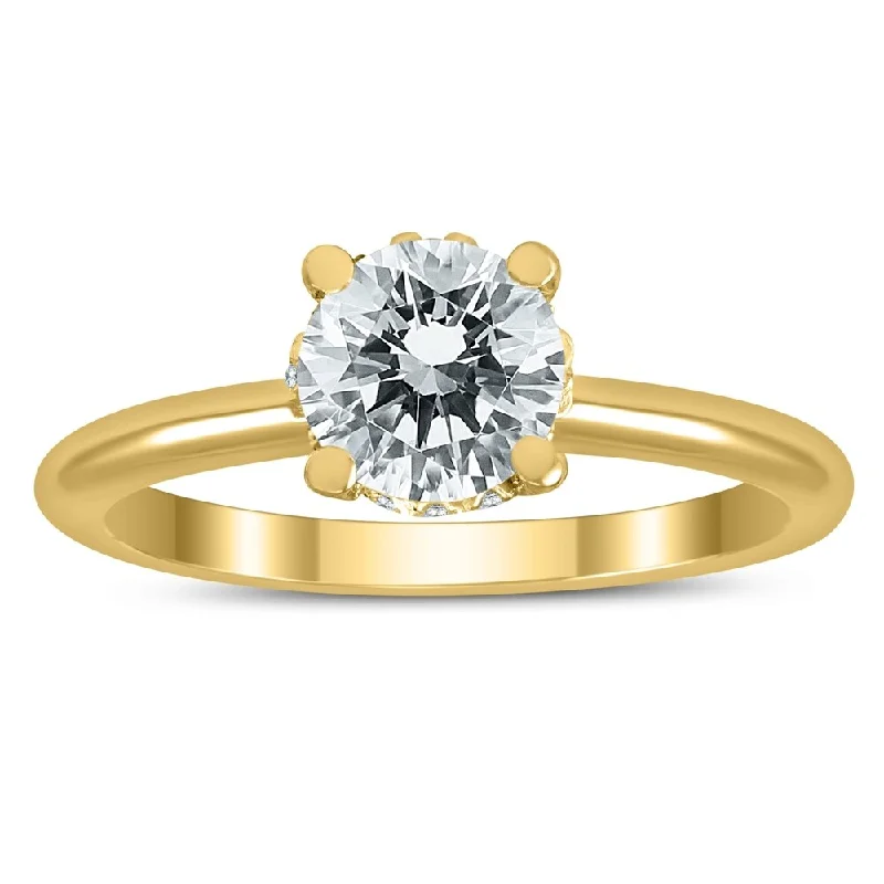 Women’s square ring-AGS Certified Diamond Solitaire Crown Ring in 14K Yellow Gold with Side Profile Diamonds