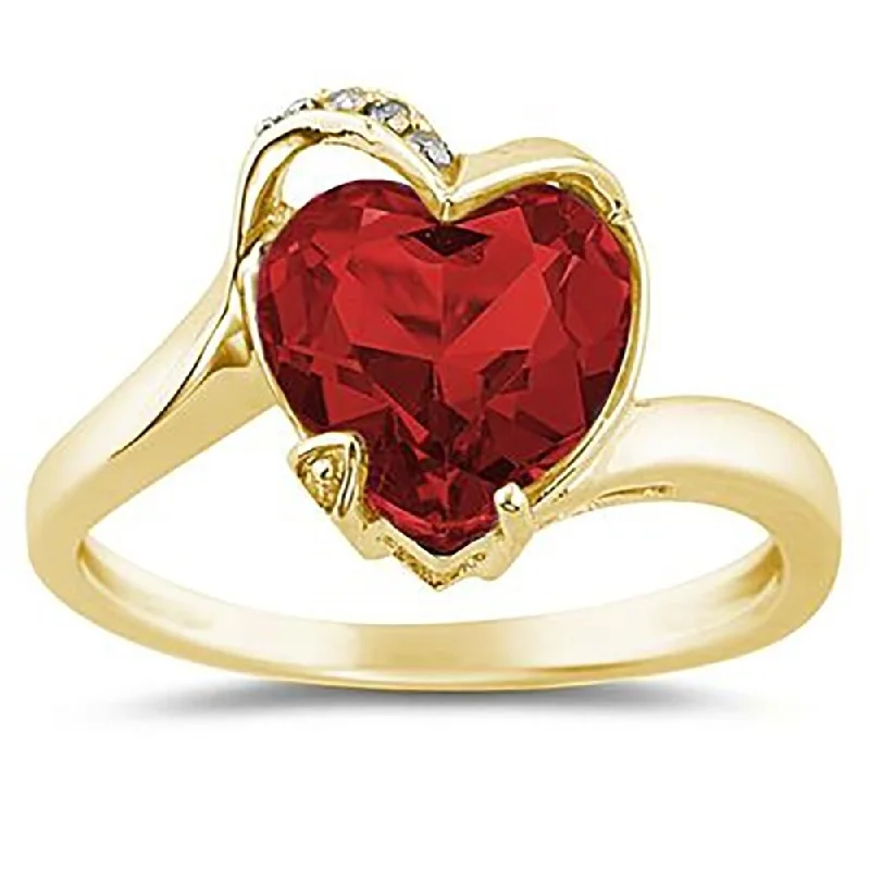 Women’s platinum ring-Heart Shaped Garnet and Diamond Curve Ring in 14K Yellow Gold