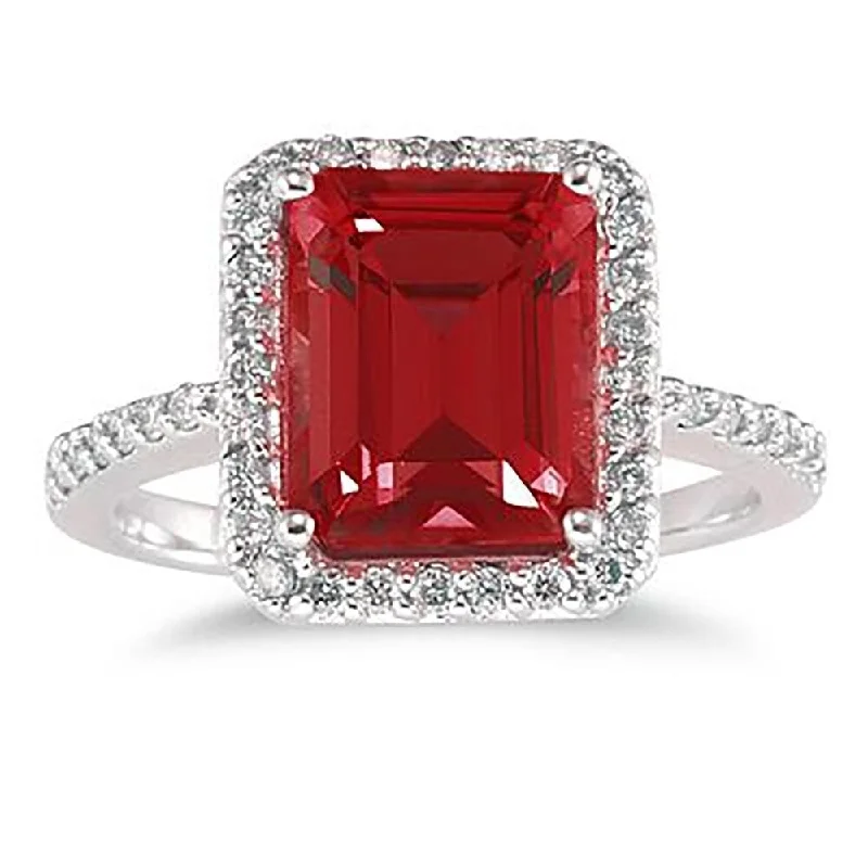 Women’s eternity ring-4 1/2 Carat Emerald Cut Garnet and Diamond Ring 14K White Gold