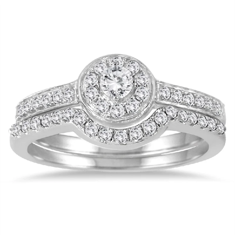 Women’s handmade ring-Marquee Jewels 10k White Gold 1/2 CT TDW Diamond Halo Bridal Ring Set