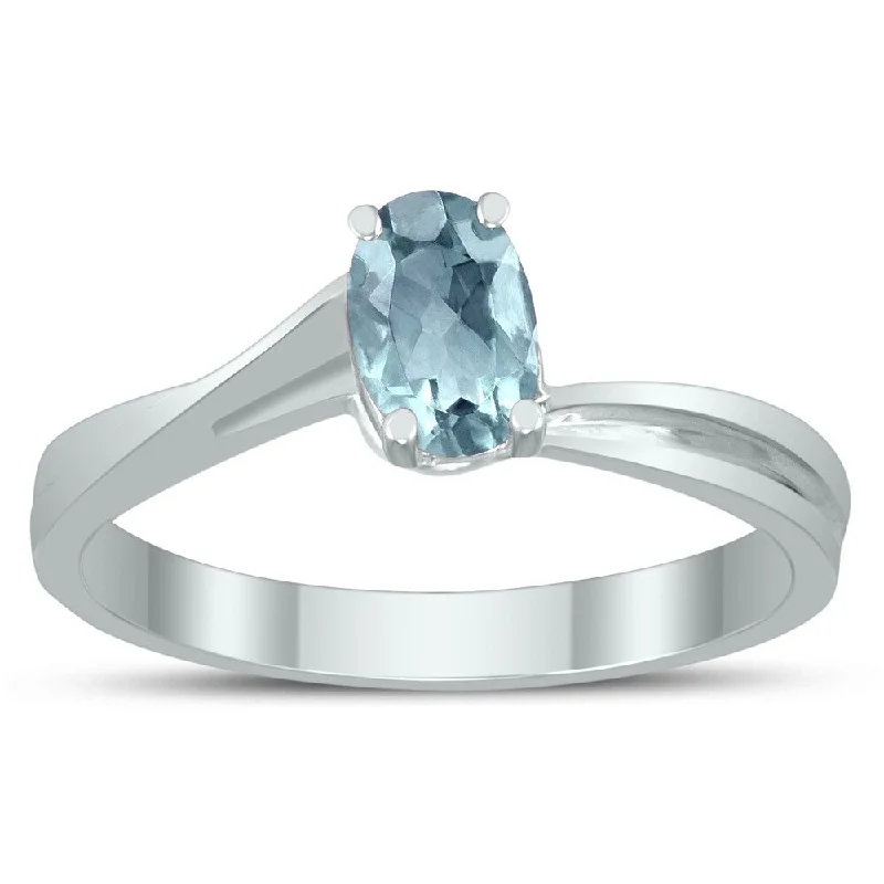 Women’s chunky ring-Solitaire Oval 6X4MM Aquamarine Gemstone Twist Ring in 10K White Gold