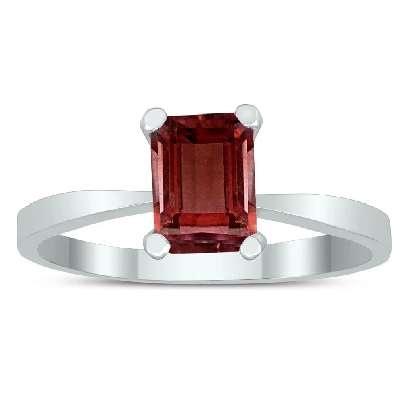 Women’s diamond engagement ring-Emerald Shaped 7X5MM Garnet Solitaire Ring in 10K White Gold