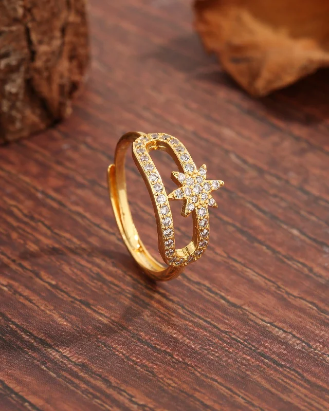 Women’s emerald ring-Luxurious Modern Style Sweet Hexagram Copper Plating Hollow Out Inlay Zircon 18k Gold Plated Rings