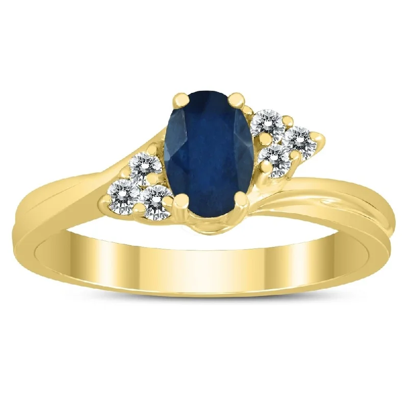 Women’s simple gold ring-6X4MM Sapphire and Diamond Twist Ring in 10K Yellow Gold