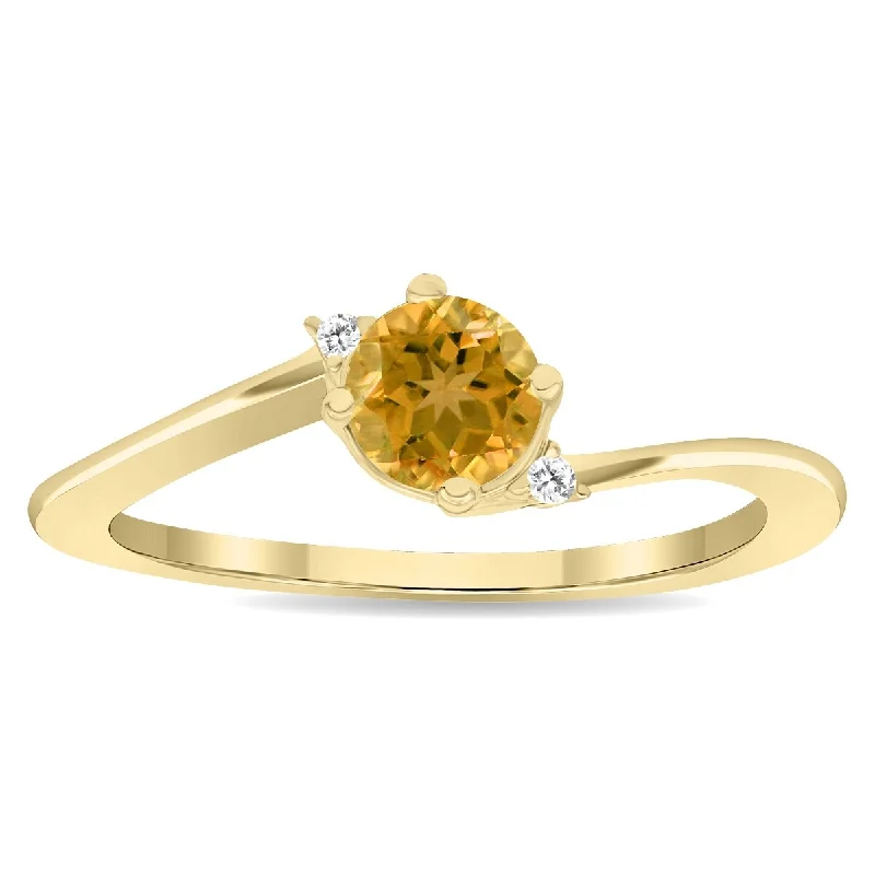 Women’s wedding ring-Women's Round Shaped Citrine and Diamond Wave Ring in 10K Yellow Gold