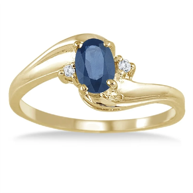 Women’s designer ring-Sapphire Gemstone and Diamond Wave Ring 14k Yellow Gold