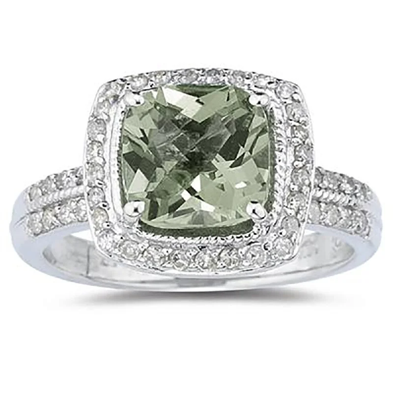 Women’s fashion ring-2 1/2 Carat Cushion Cut Green Amethyst & Diamond Ring in 14K White Gold