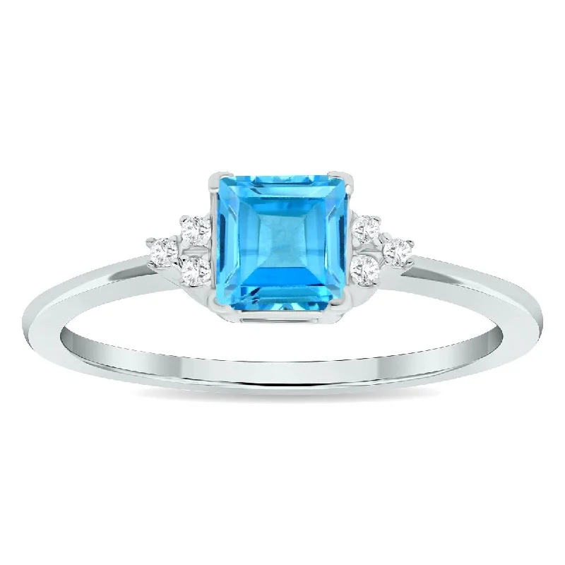 Women’s gold band ring-Women's Princess Cut Blue Topaz and Diamond Half Moon Ring in 10K White Gold