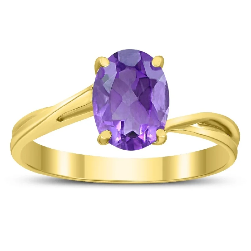 Women’s minimalist ring-Solitaire Oval 8X6MM Amethyst Gemstone Twist Ring in 10K Yellow Gold