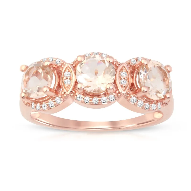 Women’s stackable ring-Morganite Gemstone 1/8ct TDW Diamond Three-Stone Halo Ring in Rose Gold Plated Silver