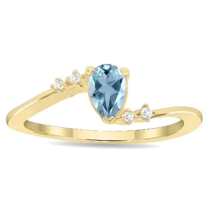 Women’s modern ring-Women's Pear Shaped Aquamarine and Diamond Wave Ring in 10K Yellow Gold