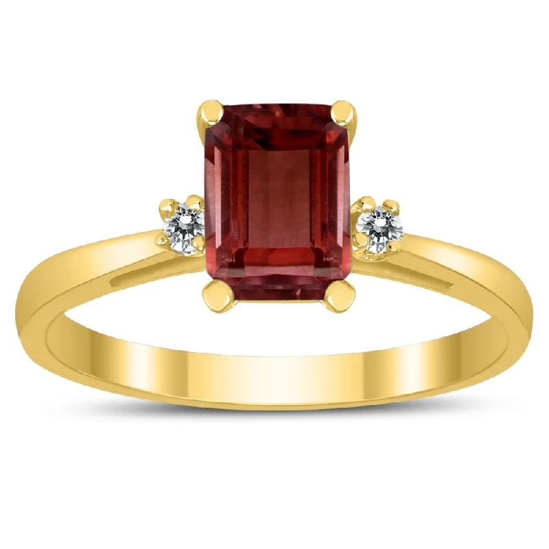 Women’s solitaire diamond ring-Emerald Cut 7X5MM Garnet and Diamond Three Stone Ring in 10K Yellow Gold