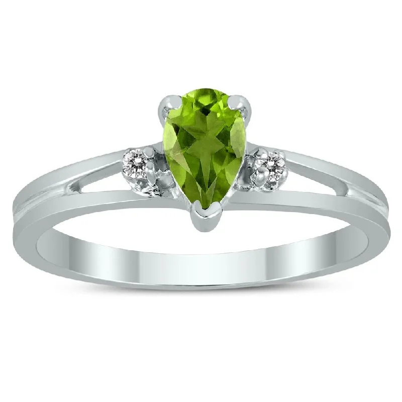 Women’s anniversary ring-6X4MM Peridot and Diamond Pear Shaped Open Three Stone Ring in 10K White Gold