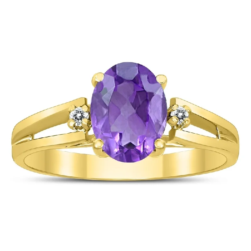 Women’s black diamond ring-8X6MM Amethyst and Diamond Open Three Stone Ring in 10K Yellow Gold