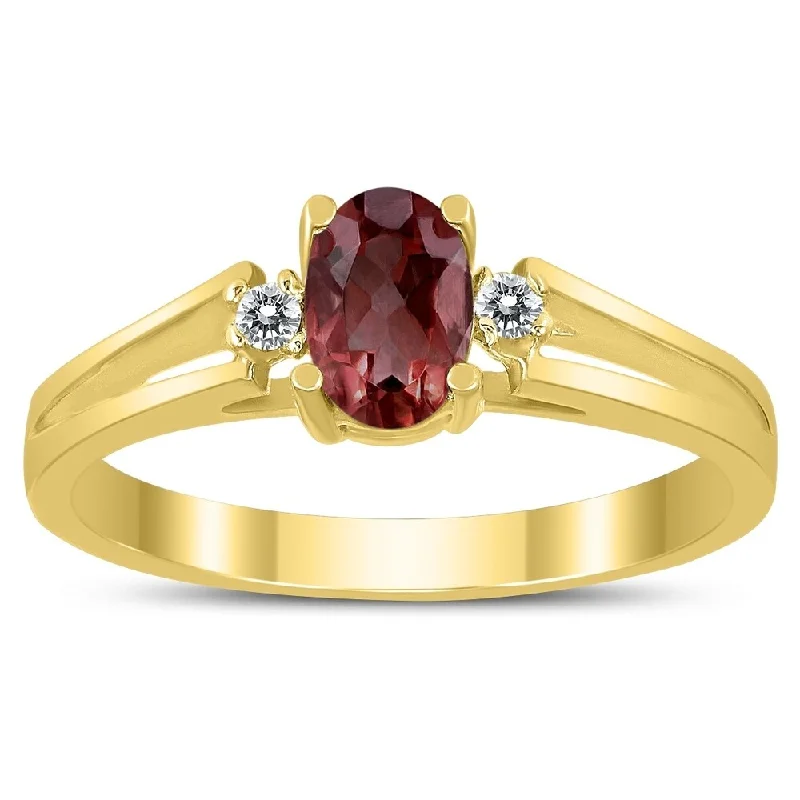 Women’s stackable ring-6X4MM Garnet and Diamond Open Three Stone Ring in 10K Yellow Gold