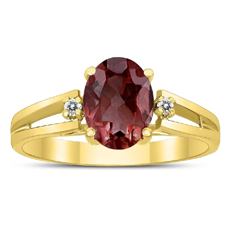 Women’s nature-inspired ring-8X6MM Garnet and Diamond Open Three Stone Ring in 10K Yellow Gold