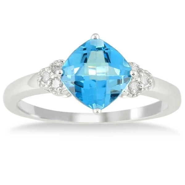 Women’s sapphire ring-1 3/4 Carat Cushion Cut Blue Topaz and Diamond Ring in 10K White Gold