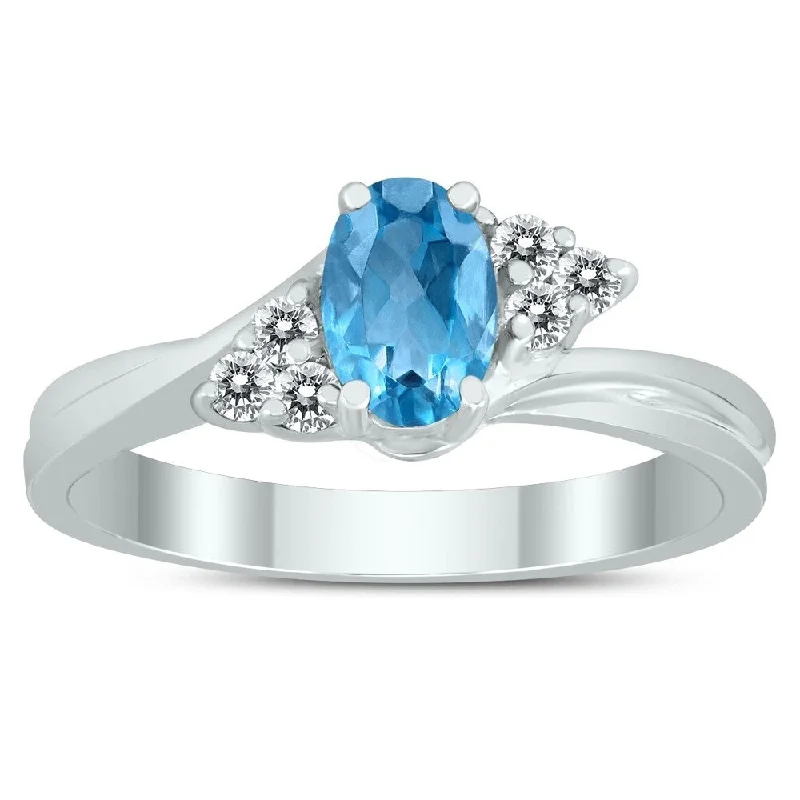 Women’s signet ring-6X4MM Blue Topaz and Diamond Twist Ring in 10K White Gold