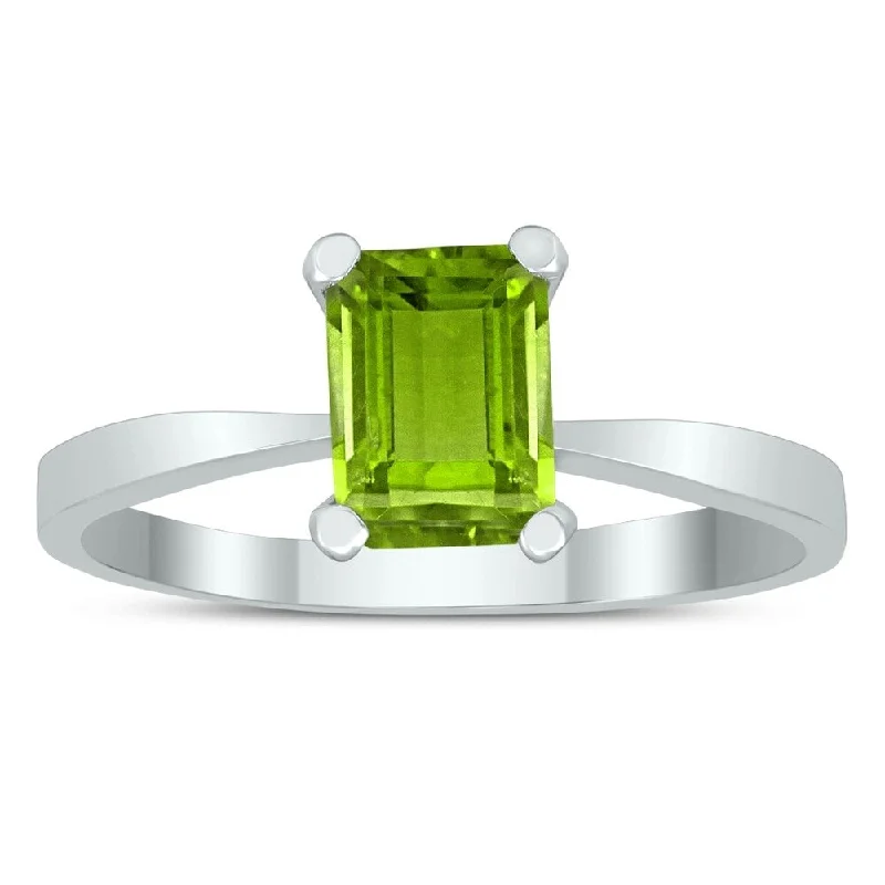 Women’s luxury ring-Emerald Shaped 7X5MM Peridot Solitaire Ring in 10K White Gold