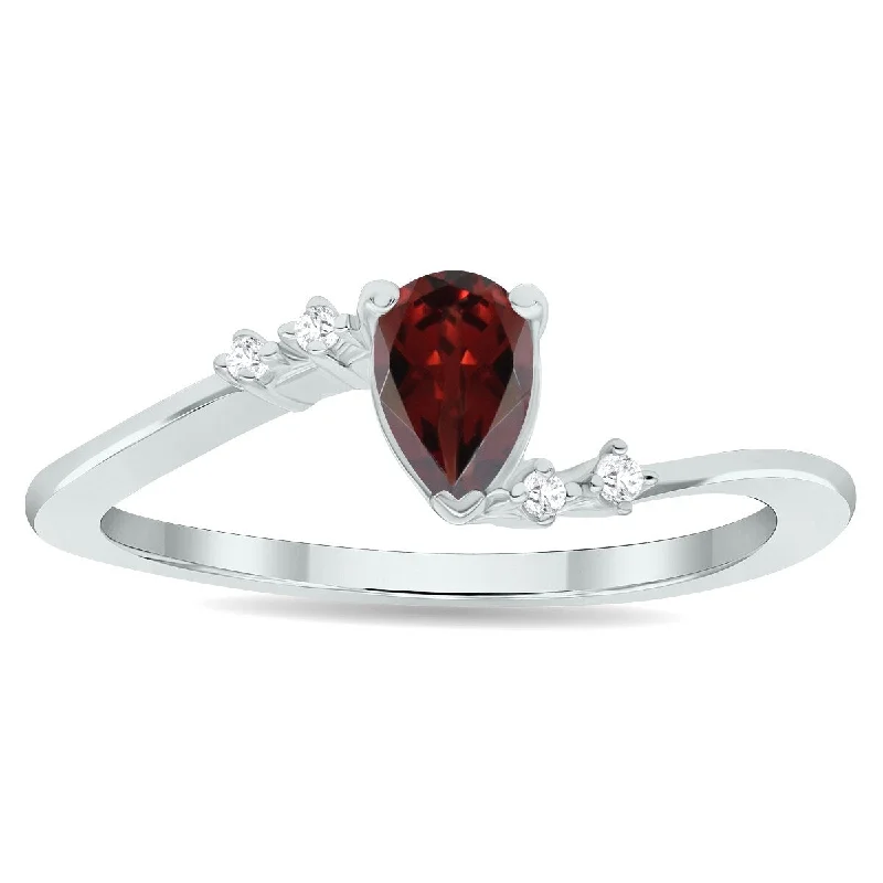 Women’s two-tone ring-Women's Garnet and Diamond Wave Ring in 10K White Gold