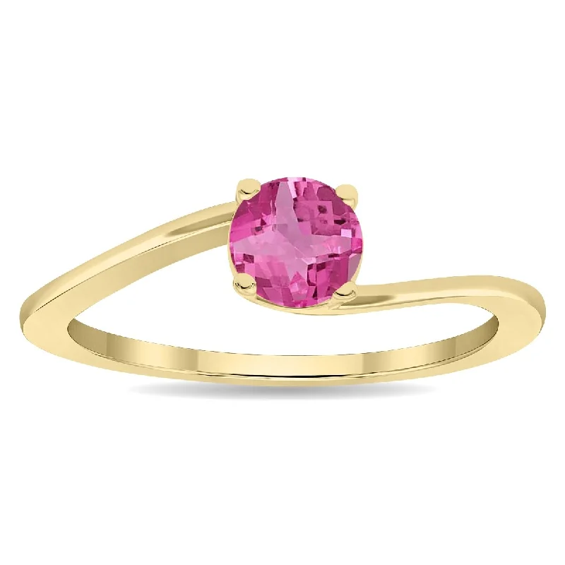 Women’s square ring-Women's Round Shaped Solitaire Pink Topaz Wave Ring in 10K Yellow Gold