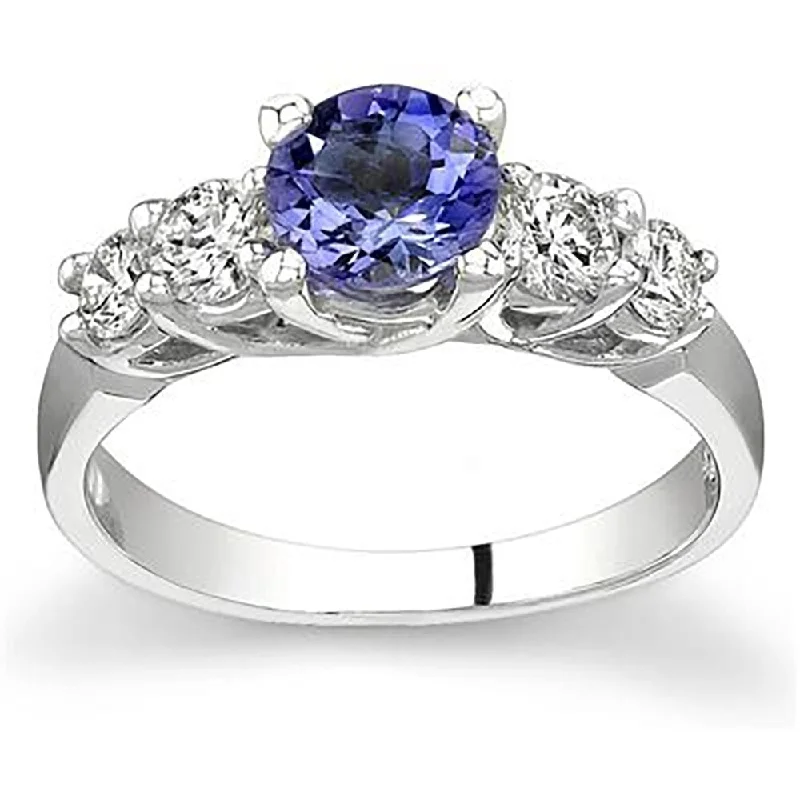 Women’s silver gemstone ring-5 Stone Tanzanite and Diamond Ring