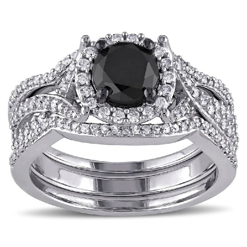 Women’s ruby engagement ring-Miadora Signature Collection 10k White Gold 1 1/2ct TDW Black and White Diamond 3-piece Halo Bridal Ring Set (G-H, I2-I3)