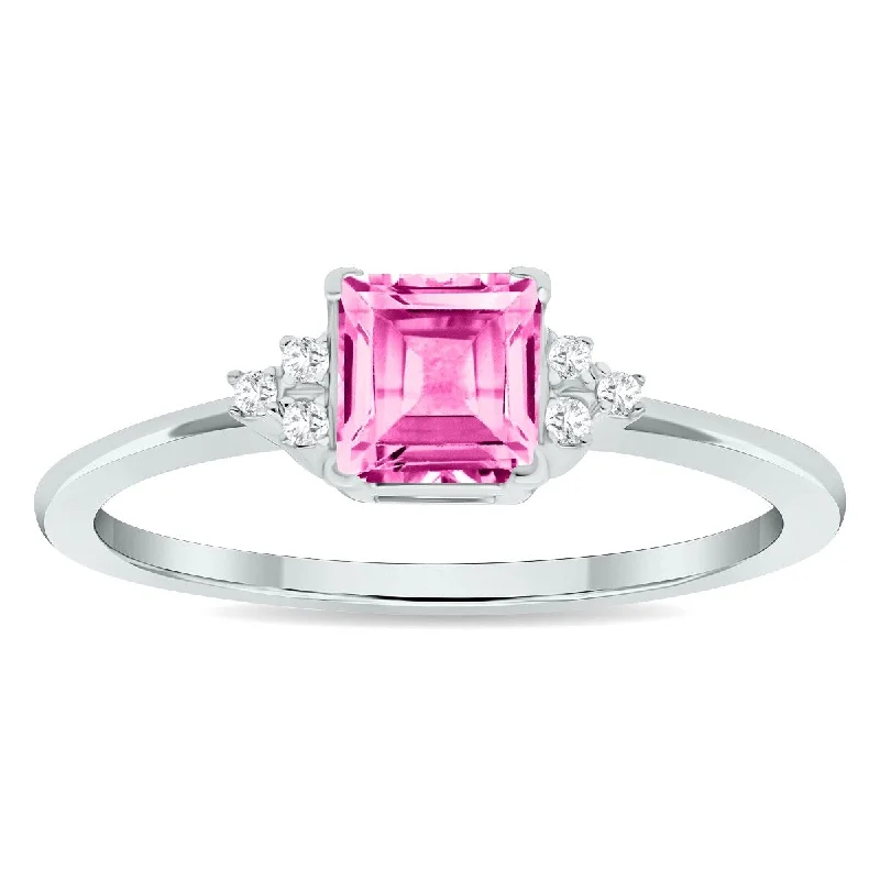 Women’s designer ring-Women's Princess Cut Pink Topaz and Diamond Half Moon Ring in 10K White Gold