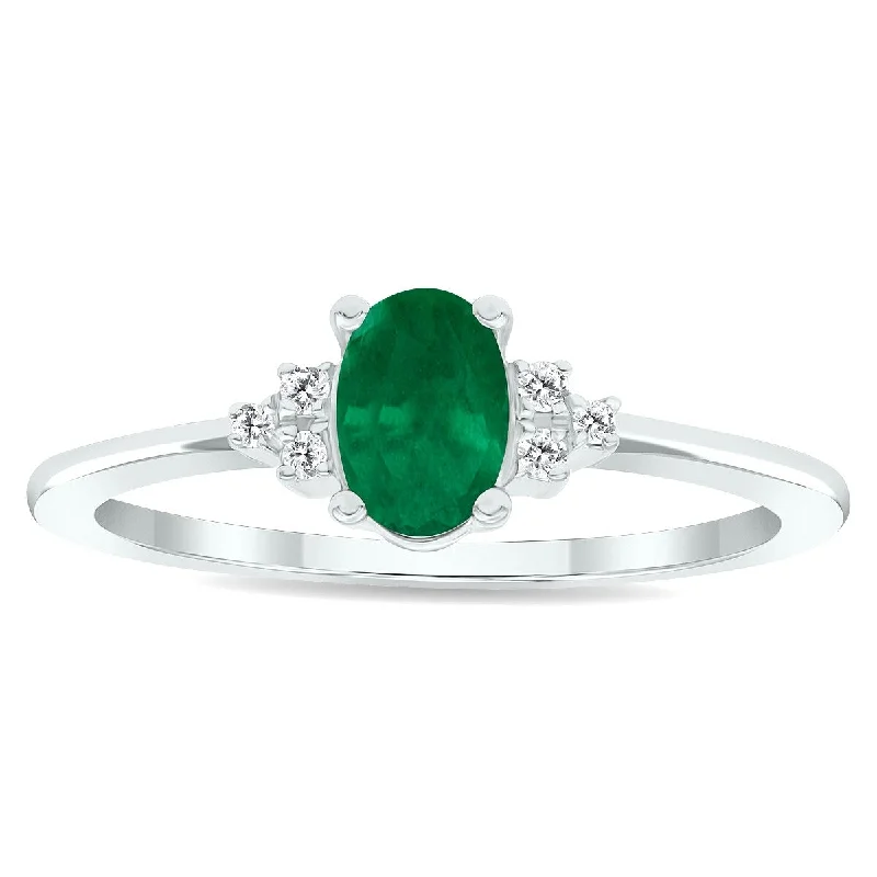 Women’s heart-shaped ring-Women's Emerald and Diamond Half Moon Ring in 10K White Gold