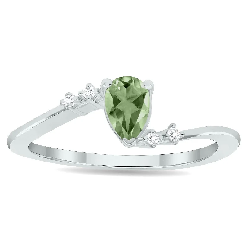 Women’s timeless ring-Women's Green Amethyst and Diamond Wave Ring in 10K White Gold