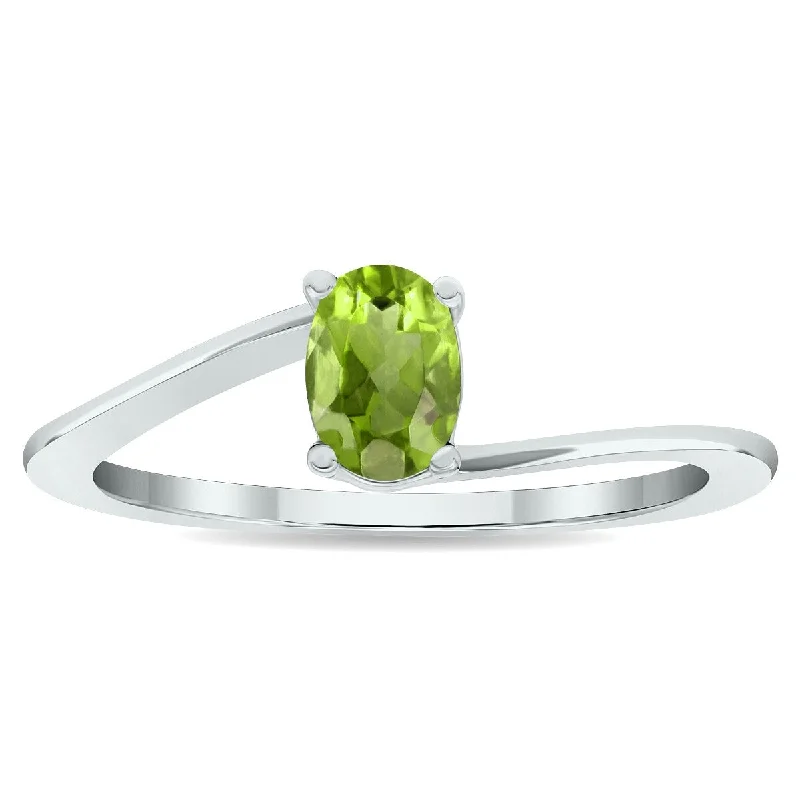 Women’s statement ring-Women's Solitaire Peridot Wave Ring in 10K White Gold