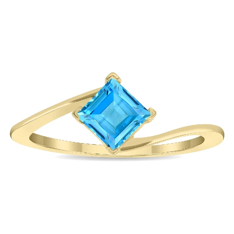 Women’s oval gemstone ring-Women's Solitaire Square Shaped Blue Topaz Wave Ring in 10K Yellow Gold