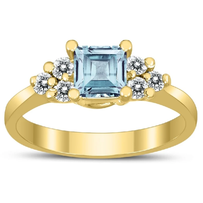 Women’s gemstone wedding ring-Princess Cut 5X5MM Aquamarine and Diamond Duchess Ring in 10K Yellow Gold