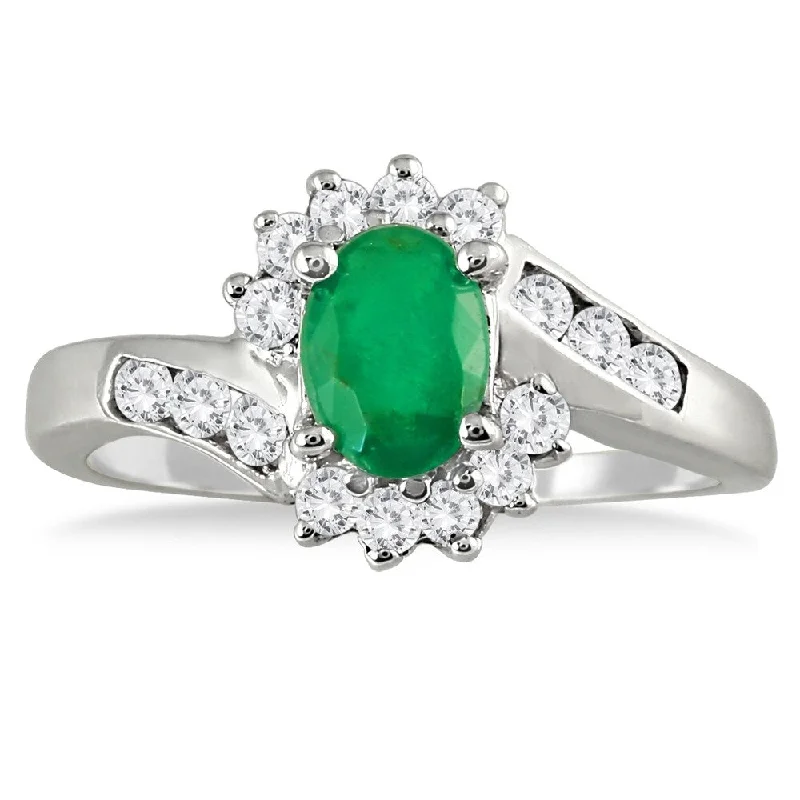 Women’s wedding ring with diamonds-1 Carat Emerald and Diamond Flower Twist Ring in 14K White Gold