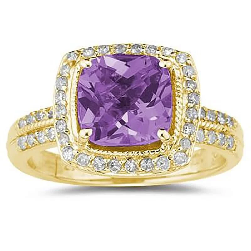 Women’s floral design ring-2 1/2 Carat Cushion Cut Amethyst & Diamond Ring in 14K Yellow Gold