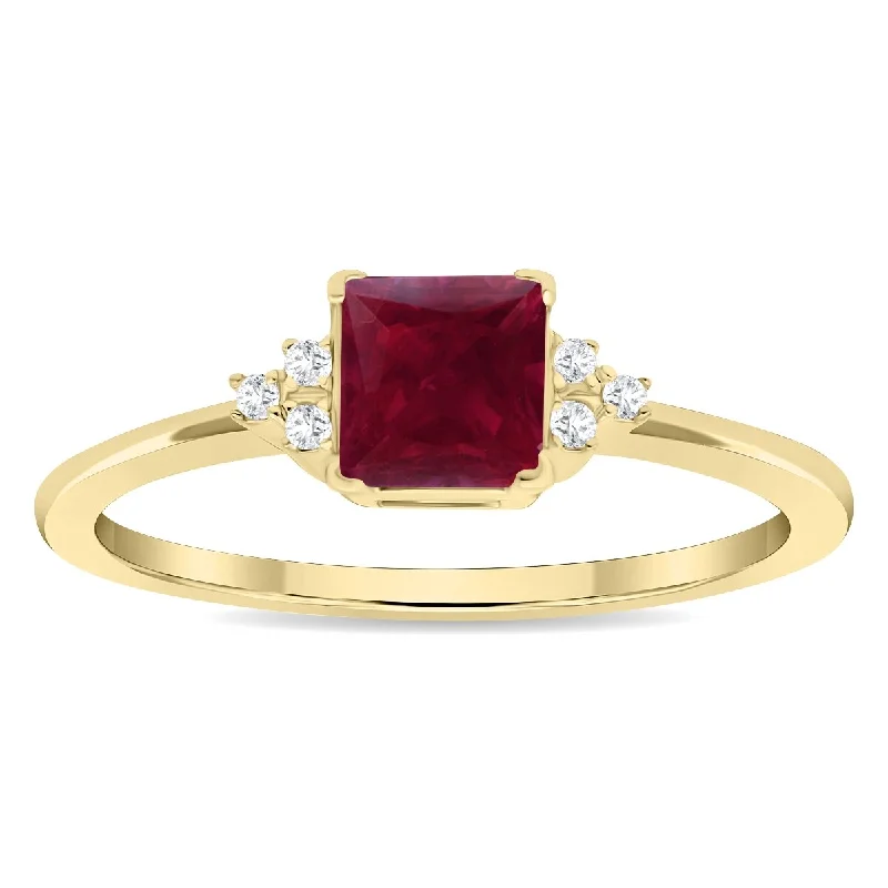 Women’s personalized ring-Women's Square Shaped Ruby and Diamond Half Moon Ring in 10K Yellow Gold