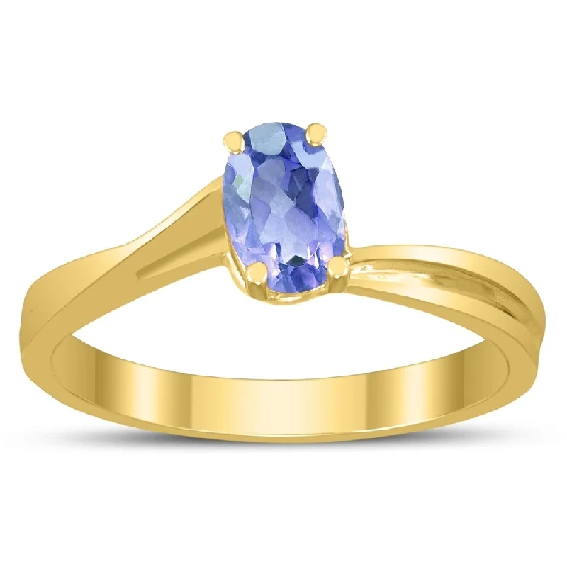 Women’s classic wedding ring-Solitaire Oval 6X4MM Tanzanite Gemstone Twist Ring in 10K Yellow Gold