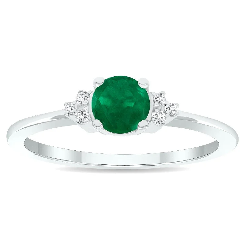 Women’s wedding ring set-Women's Emerald and Diamond Half Moon Ring in 10K White Gold