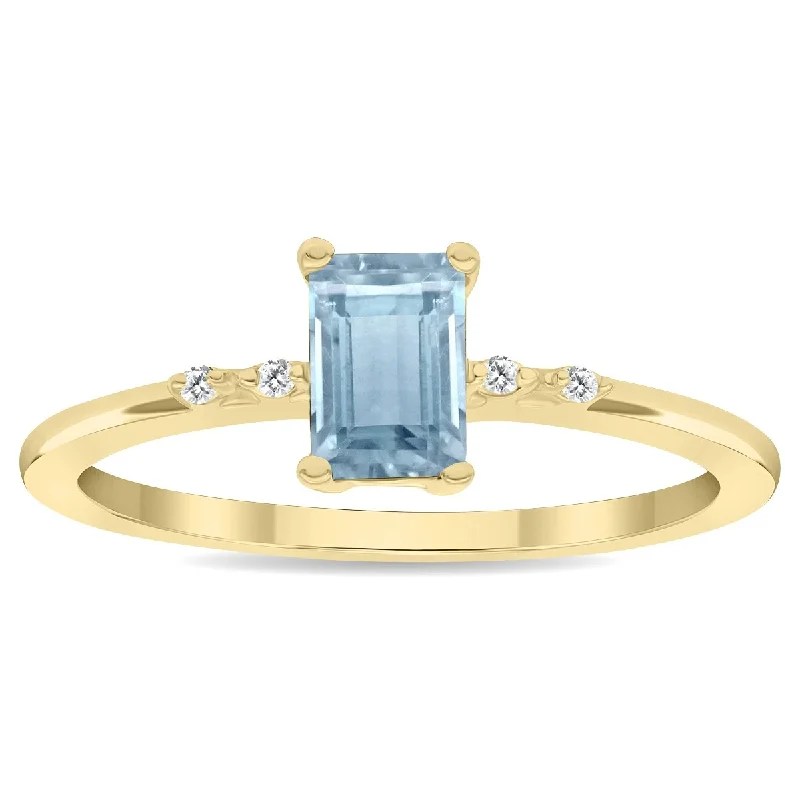 Women’s signet ring-Women's Emerald Cut Aquamarine and Diamond Sparkle Ring in 10K Yellow Gold