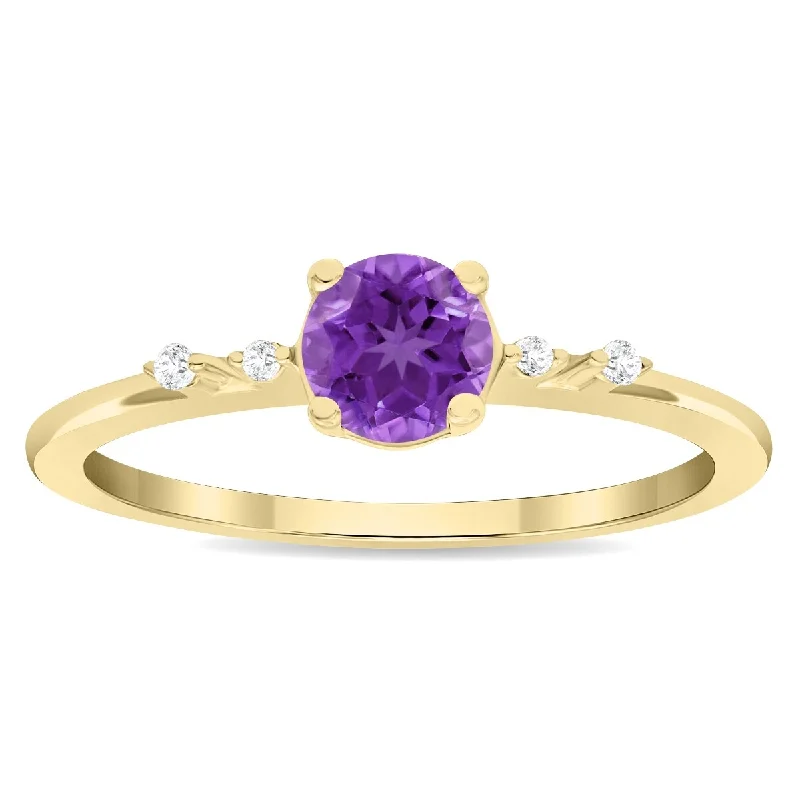 Women’s gold band ring-Women's Round Shaped Amethyst and Diamond Sparkle Ring in 10K Yellow Gold