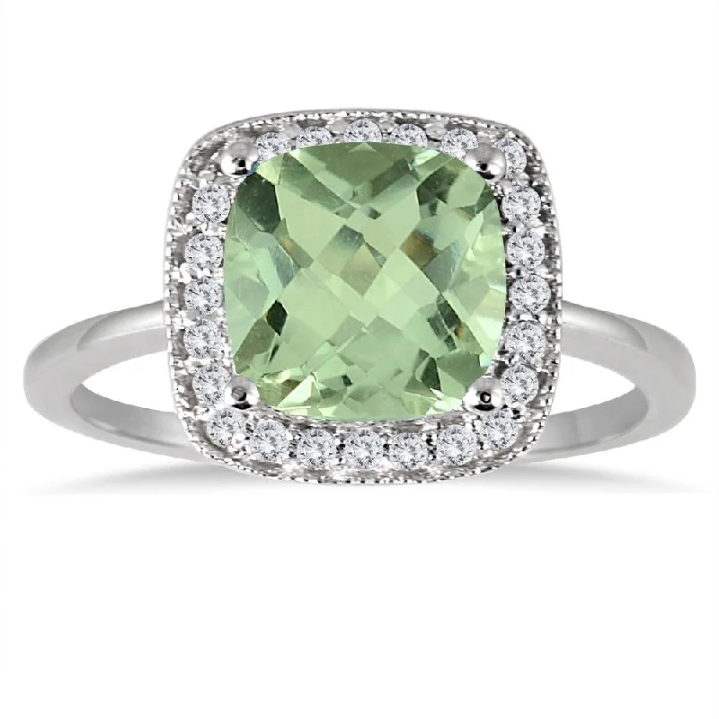 Women’s round diamond ring-1.30 Carat Cushion Cut Green Amethyst and Diamond Ring in 14K White Gold