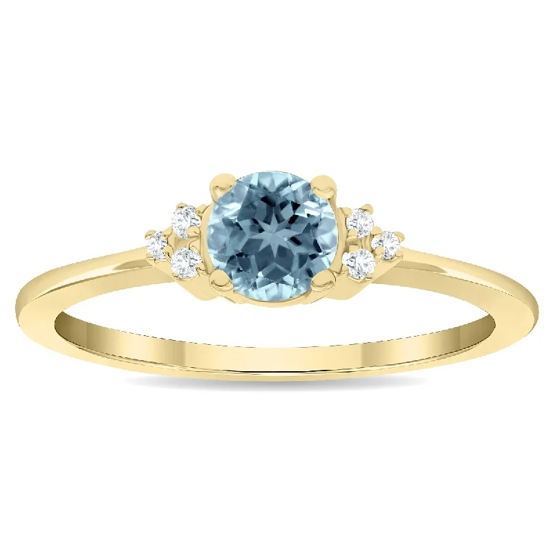 Women’s pearl ring-Women's Round Shaped Aquamarine and Diamond Half Moon Ring in 10K Yellow Gold