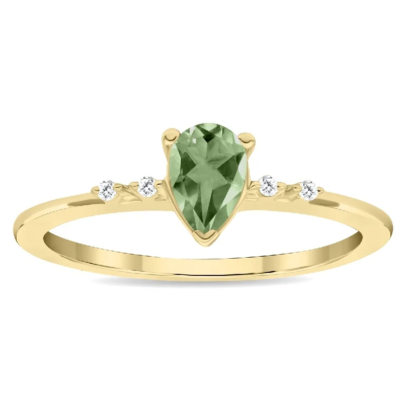 Women’s gemstone wedding ring-Women's Pear Shaped Green Amethyst and Diamond Sparkle Ring in 10K Yellow Gold