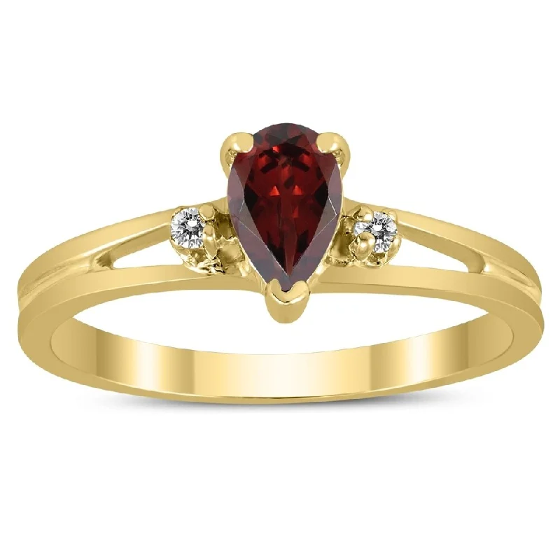 Women’s pearl ring-6X4MM Garnet and Diamond Pear Shaped Open Three Stone Ring in 10K Yellow Gold