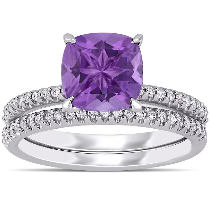 Women’s diamond band ring-Miadora 14k White Gold Amethyst and 1/4ct TDW Diamond Bridal Ring Set