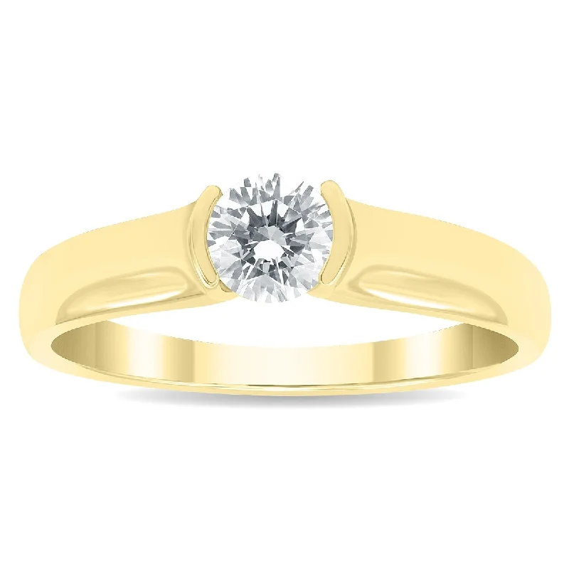 Women’s white gold diamond ring-1/2 Carat Half Bezel Diamond Solitaire Ring in 10K Yellow Gold