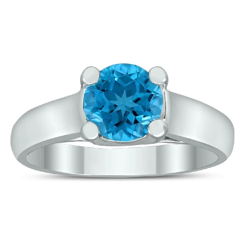 Women’s anniversary ring-Round 7MM Blue Topaz Cathedral Solitaire Ring in 10K White Gold