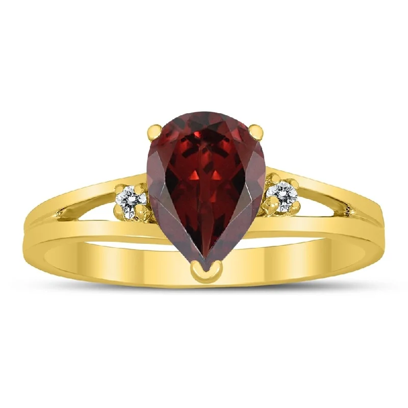 Women’s wedding ring with diamonds-8X6MM Garnet and Diamond Pear Shaped Open Three Stone Ring in 10K Yellow Gold