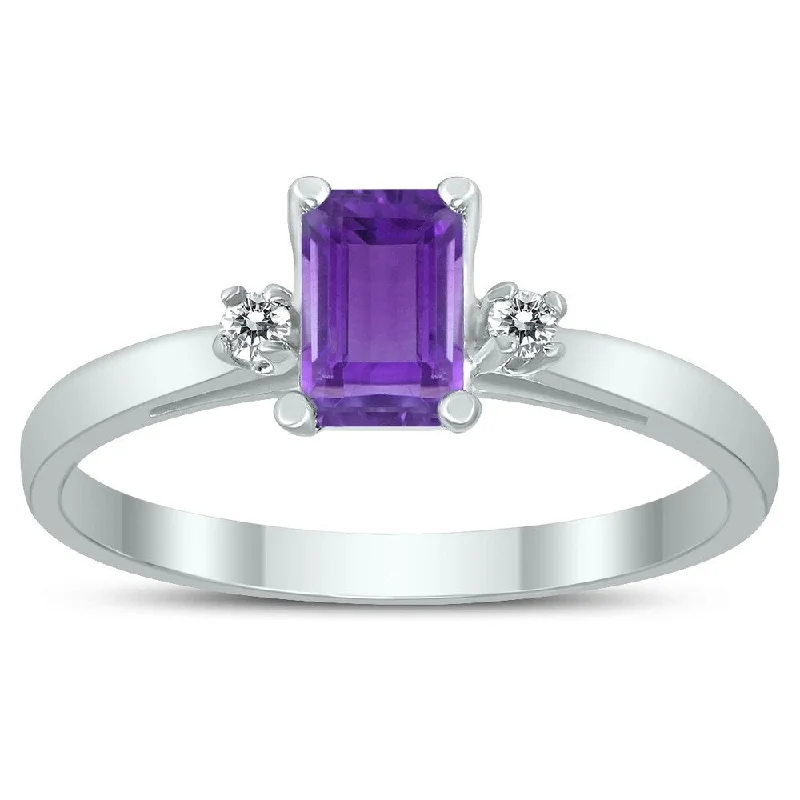 Women’s art deco ring-Emerald Cut 6X4MM Amethyst and Diamond Three Stone Ring in 10K White Gold