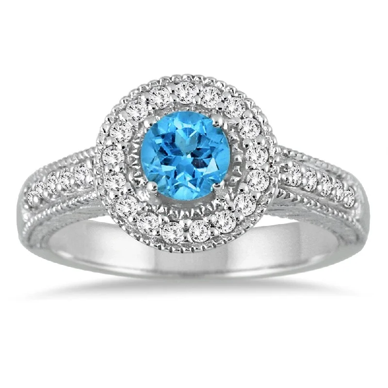 Women’s double band ring-Blue Topaz and Diamond Ring in 10K White Gold